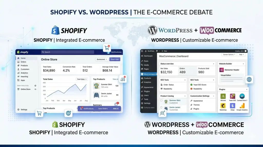 Shopify vs WordPress comparison for e-commerce website in 2026