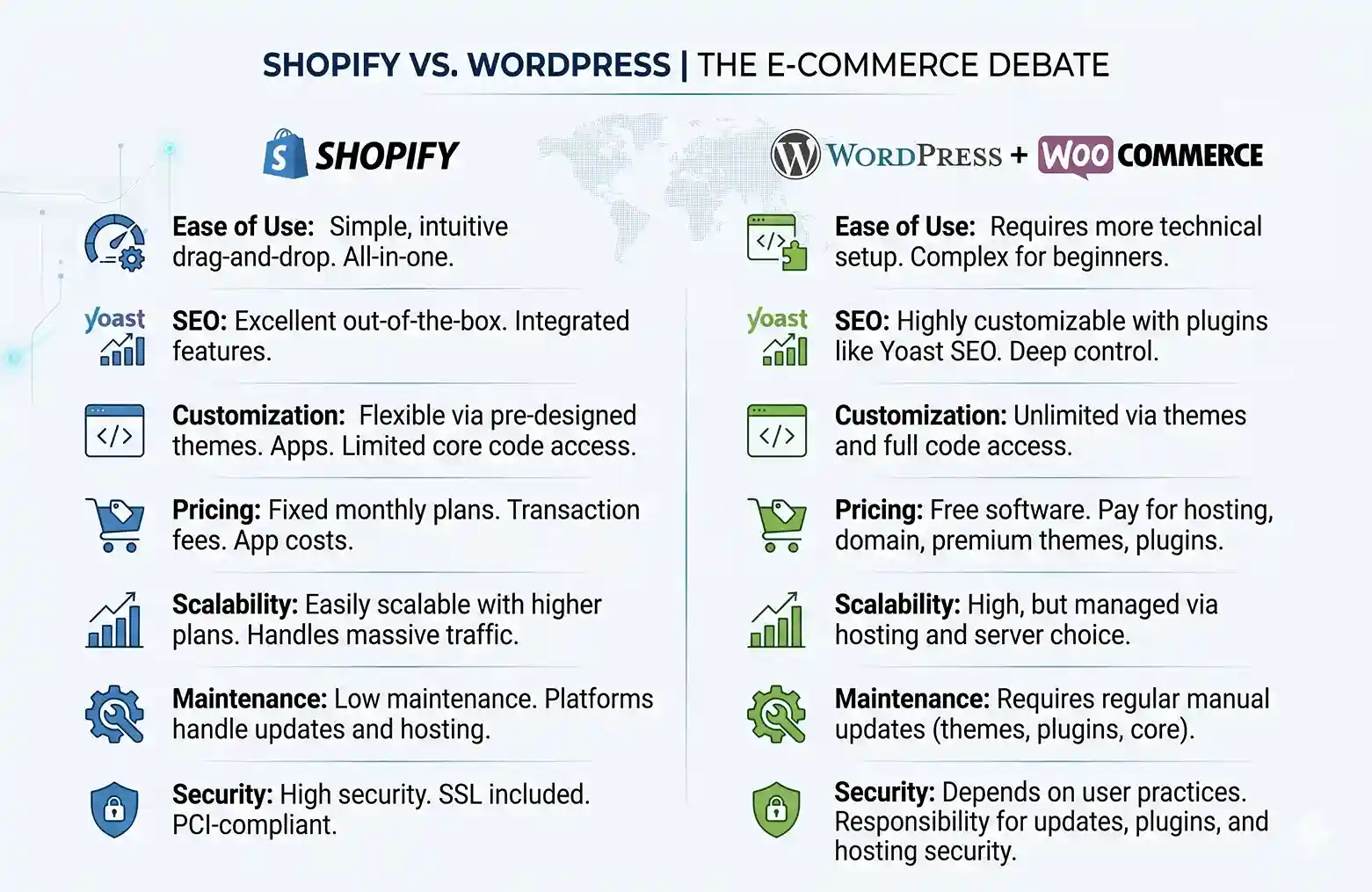 Shopify vs WordPress quick comparison infographic for e-commerce websites